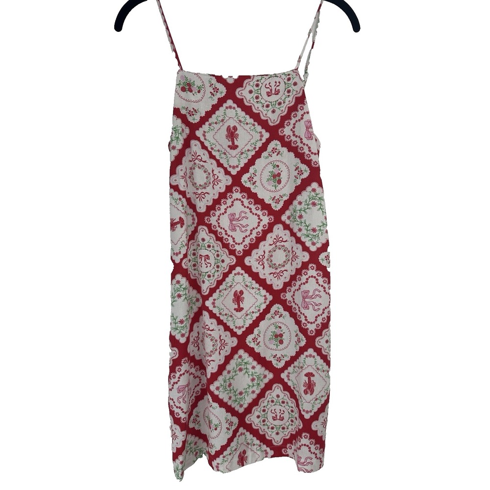 Monteau‎ Linen Blend Mini Dress Small Red White Floral Bow Coquette Coastal